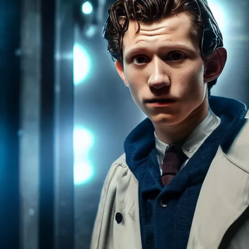 Image similar to tom holland as a rough dirty old man with a scruffy beard in a dark blue trenchcoat as the new doctor who, cinematic, volumetric lighting, f 8 aperture, cinematic eastman 5 3 8 4 film, photorealistic