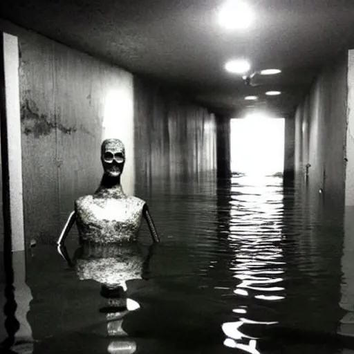 Prompt: a flooded creepy empty basement hallway with a mannequin in the water, craigslist photo