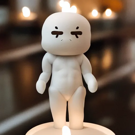 Prompt: a white marble statue of the reddit snoo mascot in a darkened room surrounded by lit candles