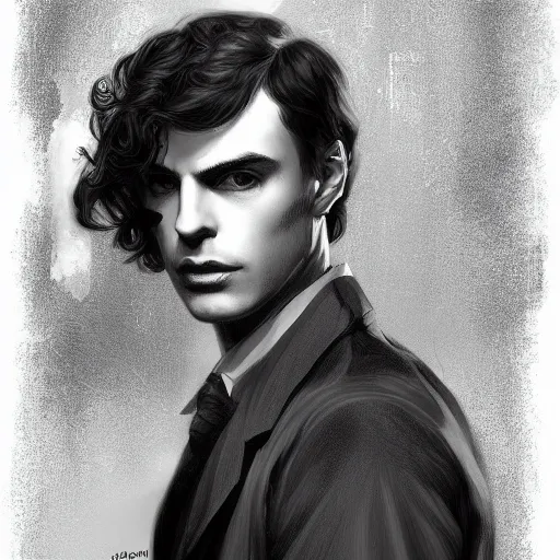 Prompt: portrait of mysterious handsome noir spacetime detective by Dante Gabriel Rossetti and Edward Moran and Charlie Bowater, magical realism, cgsociety, artstation