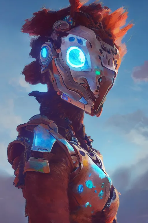 Image similar to combination suit armor aloy horizon forbidden west horizon zero dawn radiating a glowing aura global illumination ray tracing hdr fanart arstation by ian pesty and alena aenami artworks in 4 k tribal robot ninja mask helmet backpack