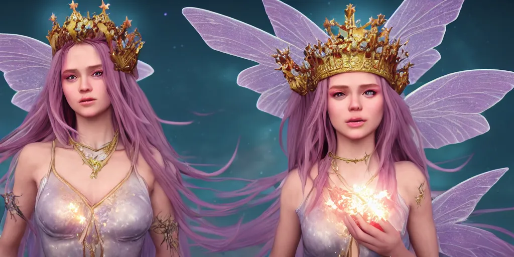 Image similar to fairy girl emperorit is decorated with long robes that fall like stars and wears a huge crown. fantasy art, photo realistic, dynamic lighting, artstation, poster, volumetric lighting, very detailed faces, 4 k, award winning, blender