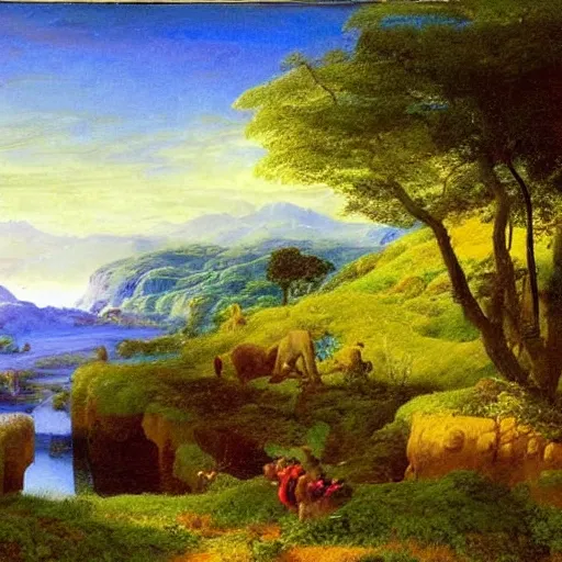 Prompt: A beautiful kinetic sculpture of a landscape. It is a stylized and colorful view of an idyllic, dreamlike world with rolling hills, peaceful looking animals, and a flowing river. The scene looks like it could be from another planet, or perhaps a fairy tale. by Caspar David Friedrich, by Charles Willson Peale lines