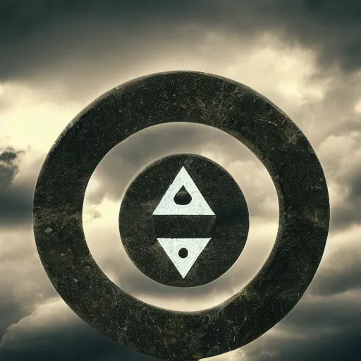 Prompt: stormy cloudy sky with a circle of runes floating around a magic tower