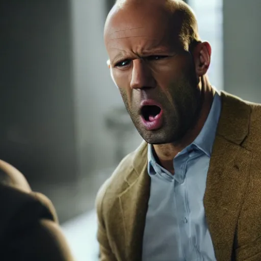 Prompt: ultra realistic professional photo of a lemon yelling at Jason Statham