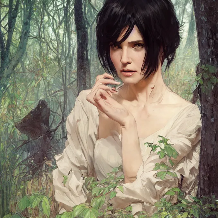Image similar to portrait of tall woman in forest glade, short black hair, sharp focus, highly detailed, by artgerm, greg rutkowski, alphonse mucha, 8 k