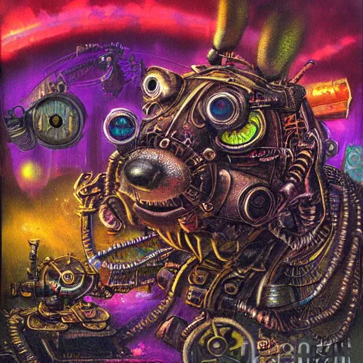 Image similar to steampunk rat, acid, 303, psychedelic, by paul lehr