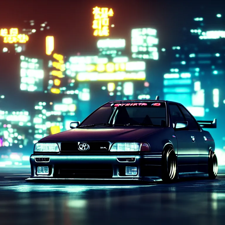 Image similar to toyota jzx 1 0 0 drift, detailed - wheels, shibuya prefecture, cyberpunk girl, cinematic lighting, photorealistic, night photography, octane render