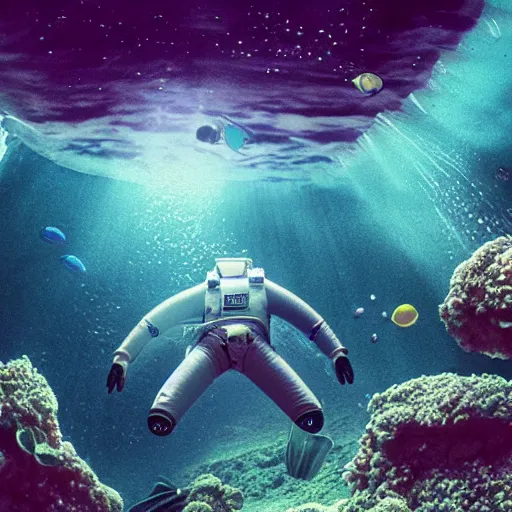 Image similar to In the underwater depths of an alien planet, an astronaut dives and explores this new world