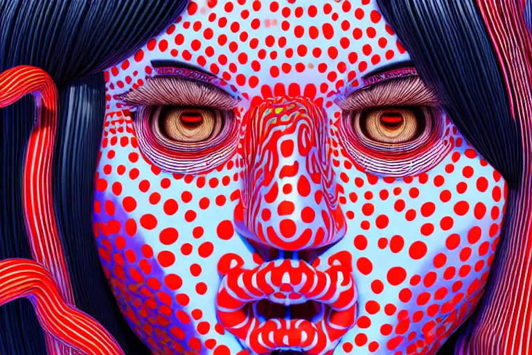 Prompt: hyperrealistic detailed image of a geisha laying in a art installation room, minimal psychedelic background by yayoi kusama, part by kei mieno, part by alex gray, part by ross tran, part by james jean, ultra realistic, highly detailed, life like face, detailed body, 8 k, octane render, trending on artstation, very cohesive, masterpiece