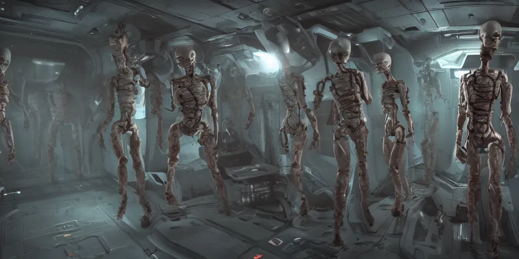 Prompt: dead space necromorph mannequins in a space ship, cinematic still, cinematic lighting, dark palette, realistic, 4 k.