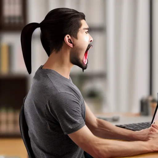 Prompt: Ugly weeaboo screaming at the computer screen, male, ponytail and beard, realistic photo