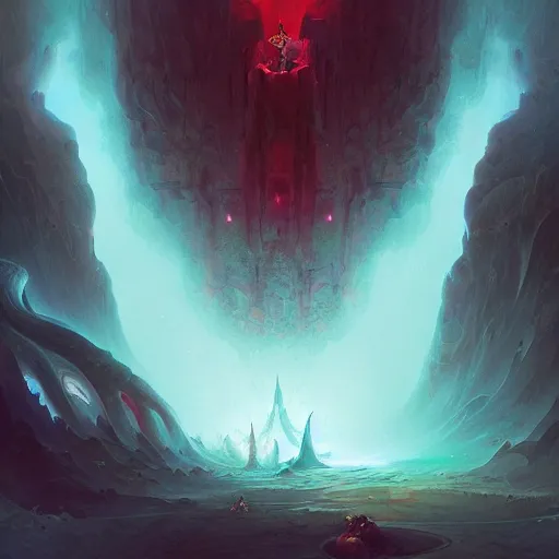 Image similar to deep in a large open cavern in a crystal cave there is a gigantic demonic portal to hell, artwork by Peter mohrbacher and beeple