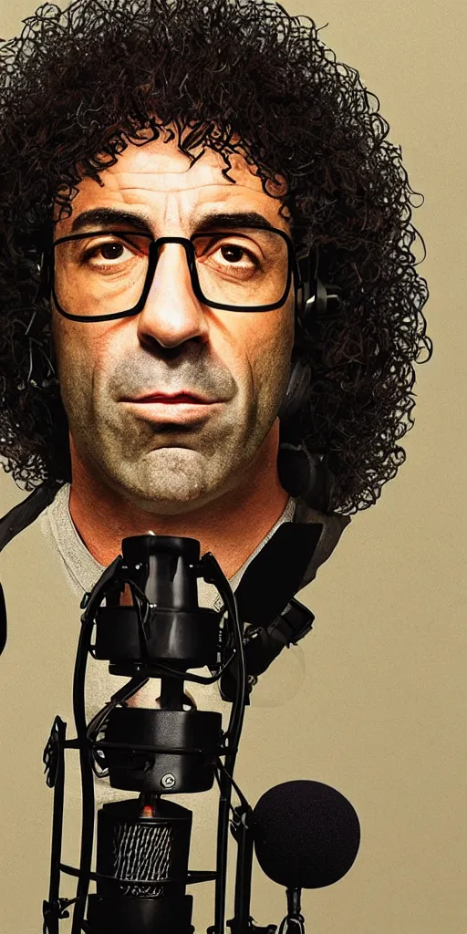 Image similar to Joe Rogan as Howard Stern talking into a microphone, single subject portrait, intricate, highly detailed, concept art, smooth, sharp focus