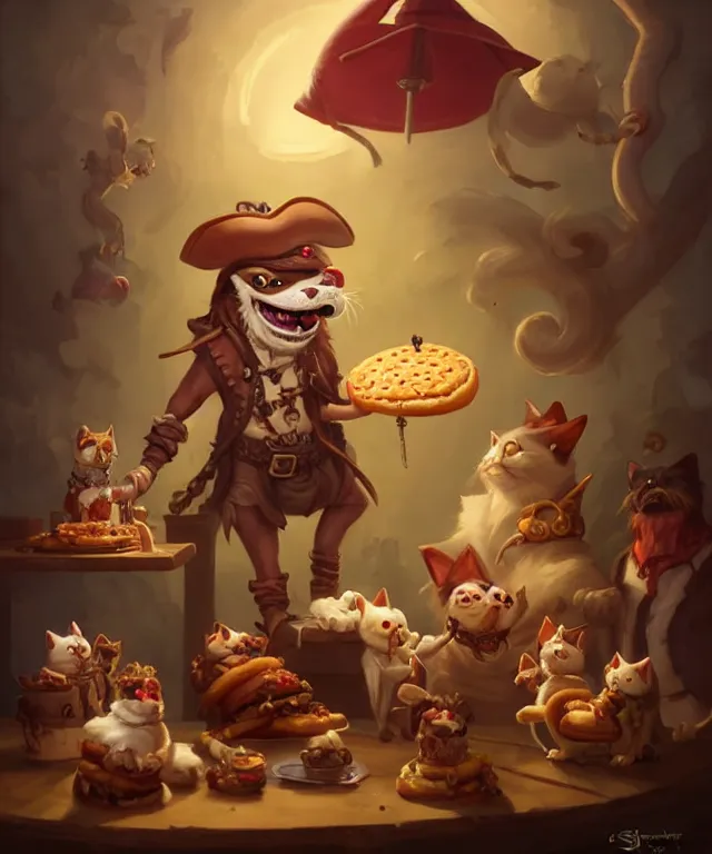 Prompt: a portrait of an anthropomorphic pirate dog eating hamburgers, standing in a restaurant surrounded by cats!, cute and adorable, dnd character art portrait, well rendered matte fantasy painting, deviantart artstation, by jason felix by steve argyle by tyler jacobson by peter mohrbacher, cinematic lighting