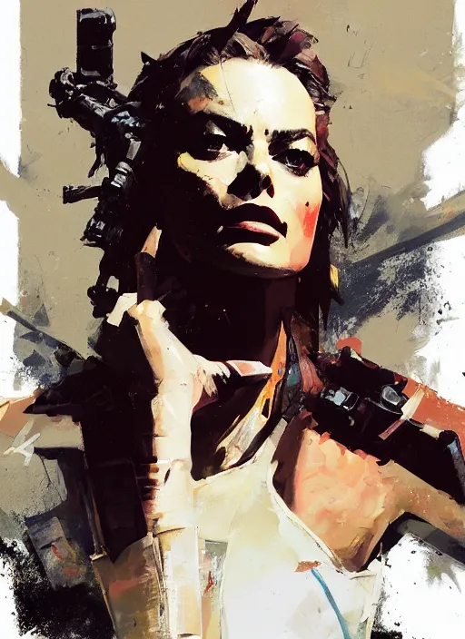 Prompt: Margot Robbie wearing metal gear armor holding ak-47 dramatic lighting art by Yoji Shinkawa by Richard Schmid by greg rutkowski by Sandra Chevrier by Jeremy Lipking cinematic dramatic