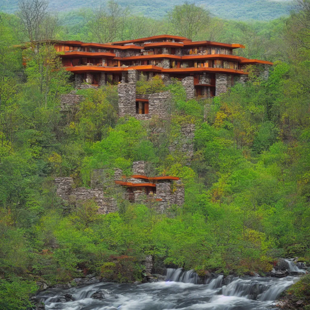 Prompt: green spring mountain athmosphere with beautiful forest permeated by a magical river showing a multistory house in the architect style of frank loyd wright made out of natural stone bricks from the distance with mythical european mountains in the background, artstudio, colorful in the art style of kerry milligan