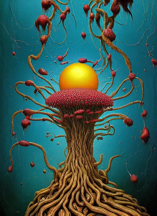 Image similar to hyper detailed Oil painting - It Eats of the Strangling Fruit and Its gossamer polyp blossoms bring iridescent fungal flowers whose spores black the foolish stars by Jacek Yerka, Mariusz Lewandowski, Abstract brush strokes, Masterpiece, Edward Hopper and James Gilleard, Zdzislaw Beksinski, Mark Ryden, Wolfgang Lettl, hints of Yayoi Kasuma