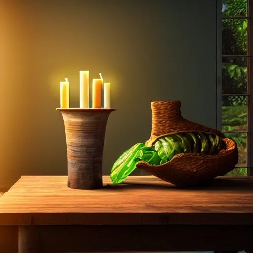 Image similar to a large vase with palms on top of a antique wooden table, vegetables on table and candle, medieval concept art, cinematic lightning and colors, vray tracing, rendered in unreal engine, dark lightning, contrast shadows, super detailed, 8 k