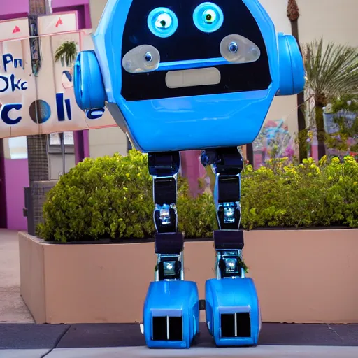 Prompt: LAS VEGAS, NV JUNE 7 2024: One of the friendliest cutest happiest self-aware robots to emerge from the future-technology-portal.