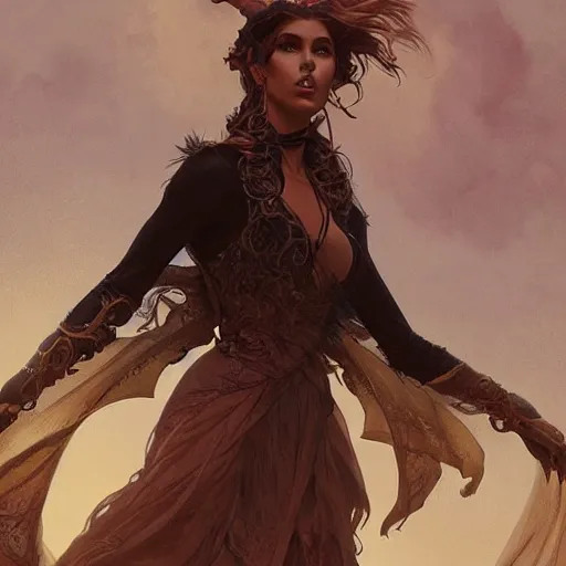 Image similar to kara del toro as a witch, gorgeous, leather, smooth, intricate, highly detailed, digital painting, artstation, concept art, sharp focus, illustration, art by greg rutkowski and alphonse mucha and even amundsen