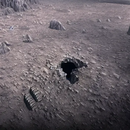 Prompt: Gigantic alien structures hidden in the deepest parts of a bottomless pit. Establishing shot, wide shot, cinematic, 4k