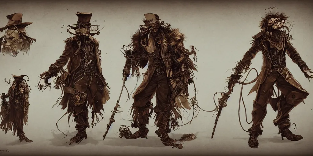 Prompt: steampunk the scarecrow, character sheet, concept design, contrast, kim jung gi, greg rutkowski, zabrocki, karlkka, jayison devadas, trending on artstation, 8 k, ultra wide angle, pincushion lens effect