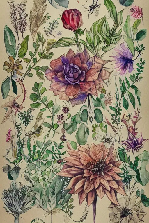 Prompt: watercolor steampunk botanical nature