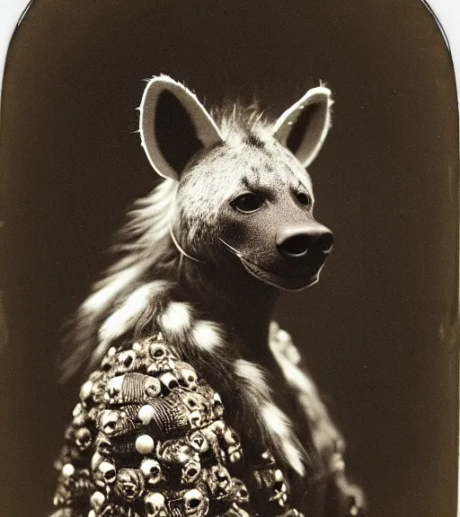Image similar to professional studio photo portrait of anthro anthropomorphic spotted hyena head animal person fursona wearing elaborate pompous royal robes clothes by Louis Daguerre daguerreotype tintype