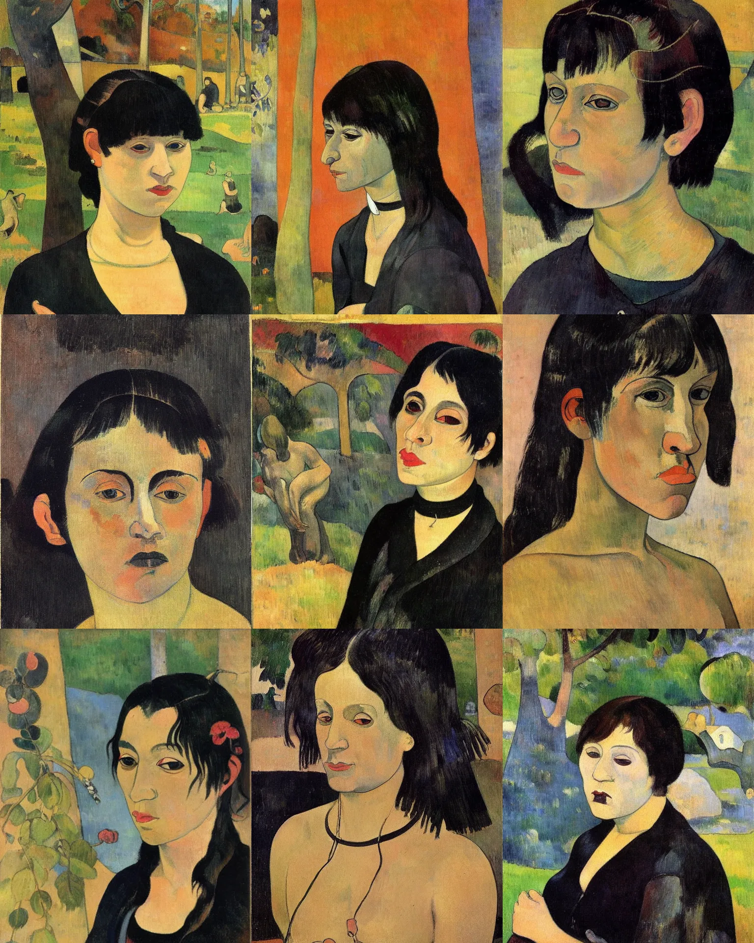 Prompt: A goth portrait painted by Paul Gauguin. Her hair is dark brown and cut into a short, messy pixie cut. She has a slightly rounded face, with a pointed chin, large entirely-black eyes, and a small nose. She is wearing a black tank top, a black leather jacket, a black knee-length skirt, a black choker, and black leather boots.