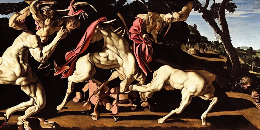 Prompt: the sacrifice of the white unicorn, fighting, struggling, muscular by caravaggio