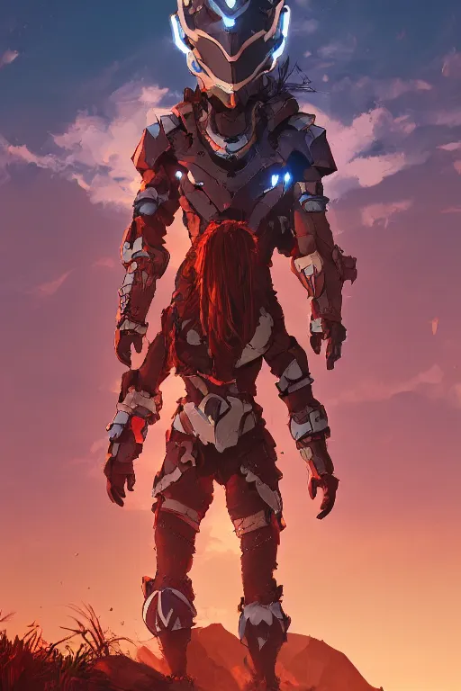 Image similar to combination suit armor aloy horizon forbidden west horizon zero dawn radiating a glowing aura global illumination ray tracing hdr fanart arstation by ian pesty and alena aenami artworks in 4 k tribal robot ninja mask helmet backpack