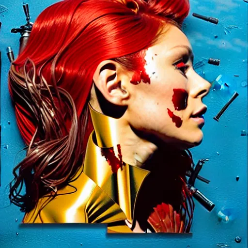 Prompt: portrait of red woman :: side profile :: in ocean :: guns and bullets :: metallic details :: gold :: blood and horror :: by marvel and Sandra Chevrier