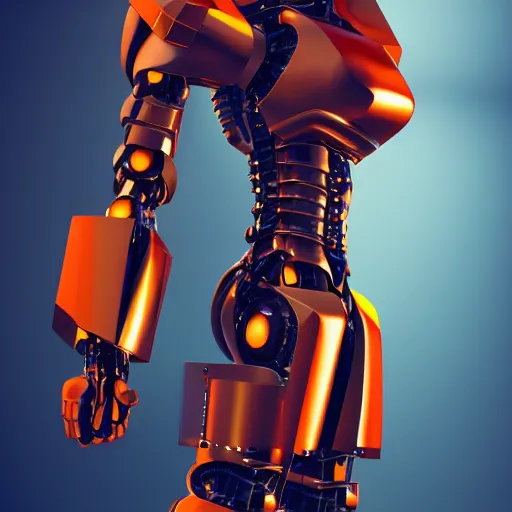 Image similar to graceful orange chrome robot, character concept art, futuristic cyberpunk humanoid machine, symmetry__4, hyperrealistic high detail 70mm, 4k post-proc