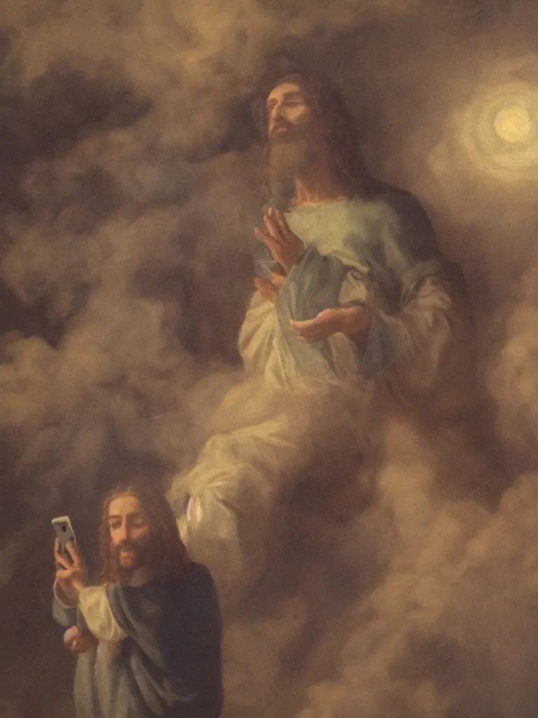 Prompt: poor camrea quality, Jesus taking a selfie in heaven smoke everywhere