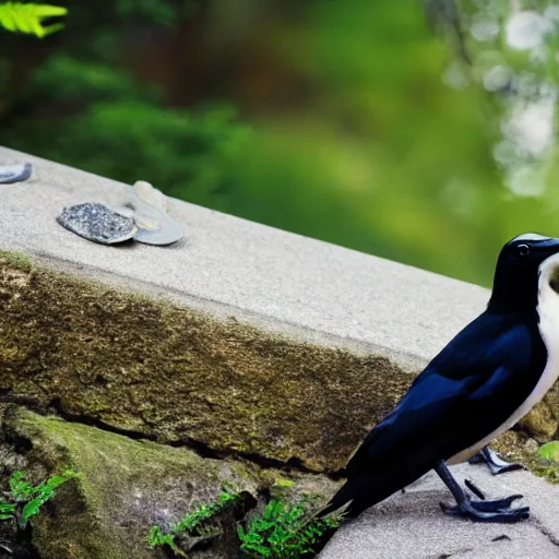 Image similar to Magpie sitting on a cobble wall, talking to a large group of frogs down below, forest background, storybook