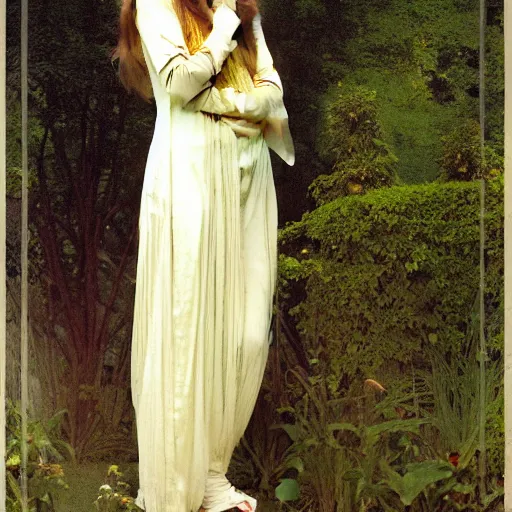 Image similar to A girl with on the front of a Balustrade porch with a hedge maze on the background, major arcana occult clothes, by paul delaroche, alphonse mucha and arnold böcklin arnold böcklin hyperrealistic 8k, very detailed