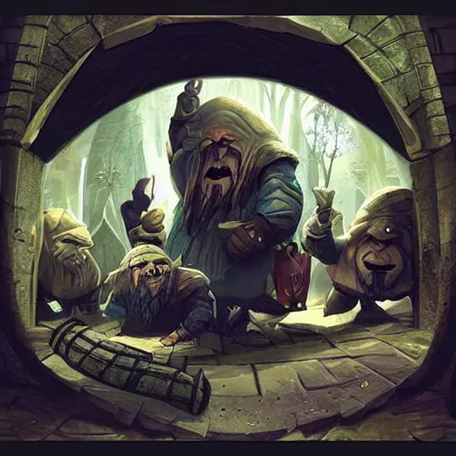 Prompt: “cruel ambush of the dwarves on the delivery club courier in the tunnel”