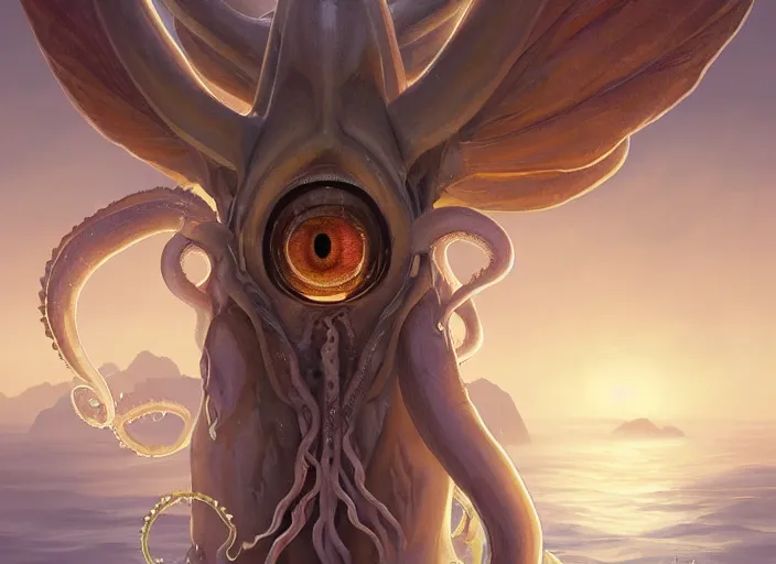 Prompt: a holy cephalopod with long powerful tentacles and a single large eye, wearing long white robe and great angelic wings, highly detailed, digital painting, artstation, concept art, matte, sharp focus, illustration, dramatic, sunset, hearthstone, art by artgerm and greg rutkowski and alphonse mucha