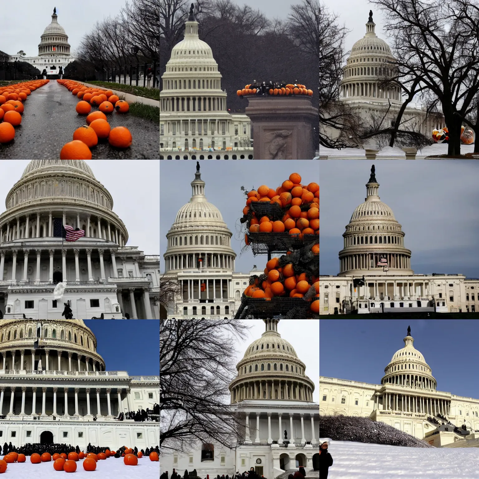 Prompt: Photo of the United States Capitol on January 6 under siege by oranges, reuters