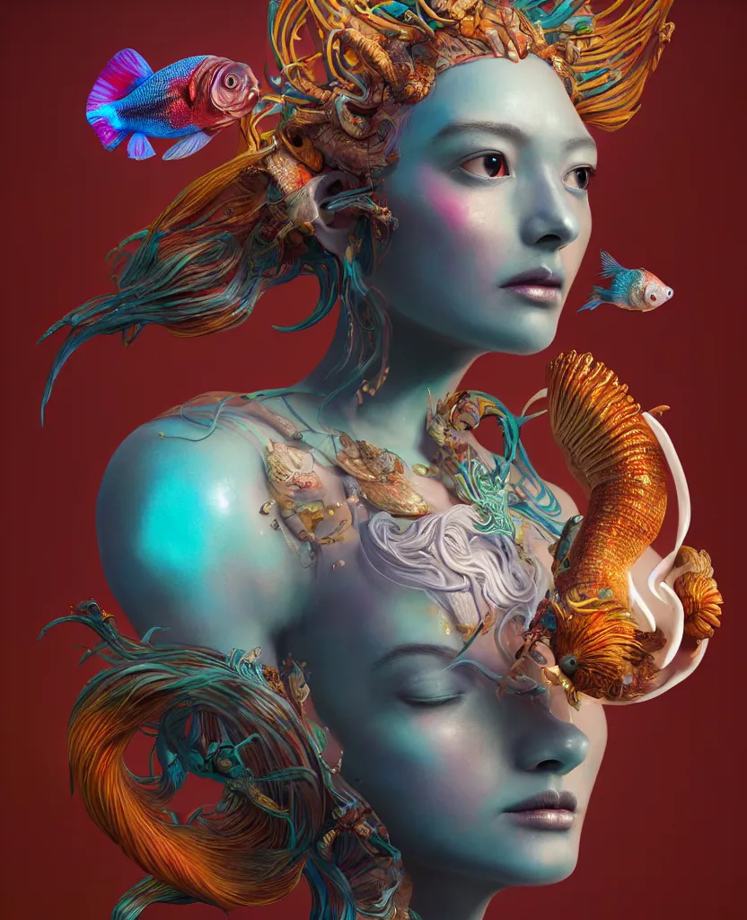 Image similar to goddess full color painted acryllic sculpture close-up portrait. orchid bird phoenix head, nautilus, skull, betta fish, bioluminiscent creatures, intricate artwork by Tooth Wu and wlop and beeple. octane render, trending on artstation, greg rutkowski very coherent symmetrical artwork. cinematic, hyper realism, high detail, octane render, 8k