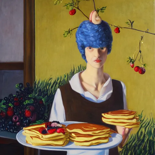 Image similar to tall emo female artist holding pancakes, in chippendale sydney, maple syrup, gold bullion, berries, pigs, octopus, acrylic on canvas, surrealist, by magritte and monet