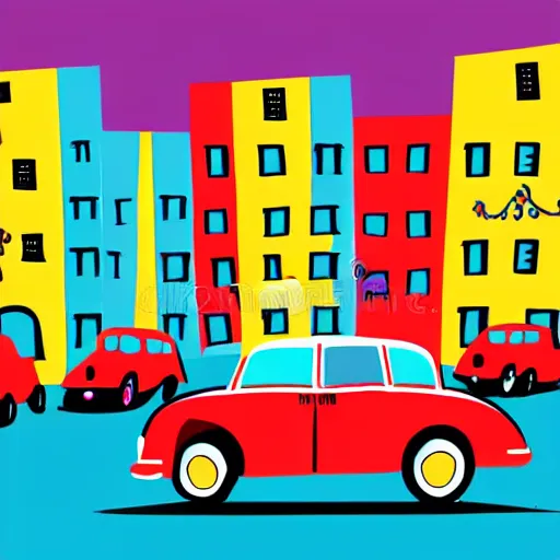 Prompt: book illustration of an old street with old cars, happy people, book illustration, colorful, white background, colorful image