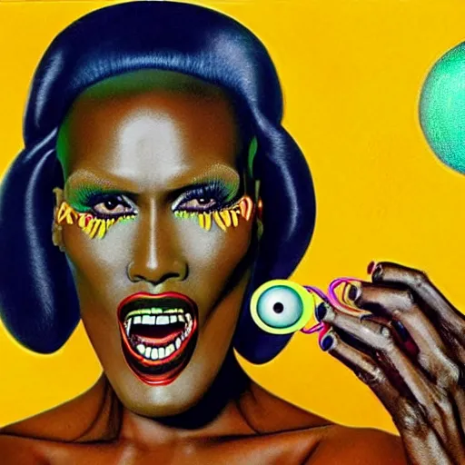 Image similar to beautiful lifelike painting of grace jones feeding her bioenhanced tamagotchi child, hyperreal detailed facial features and uv lighting, art by ed roth and basil wolverton