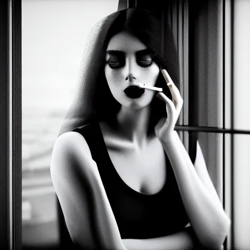 Prompt: black and white fashion photography of highly detailed beautiful depressed Woman with beautiful face, beautiful eyes and beautiful lips in the heroine chique style standing by the window and smoking a cigarette with beautiful hand Rendered in Blender and Octane Render volumetric natural light