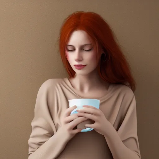 Prompt: Ultra detailed photo of redhead woman drinking steamy latte in dimly lit coffee shop, wearing elegant jewellery, relaxed pose, cosy, happy, 8k, by WLOP, Artstation trending, perfect lighting