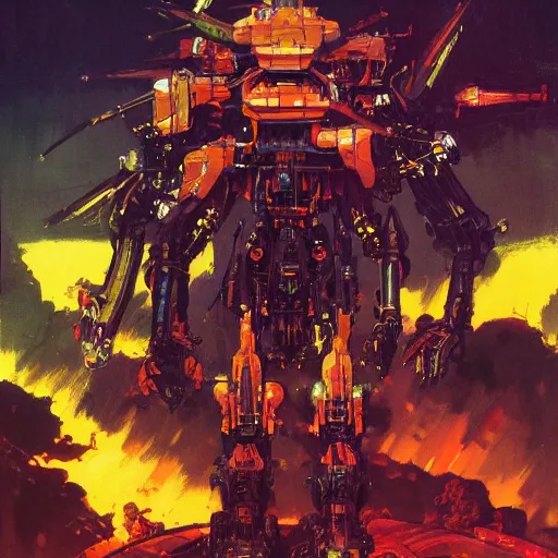 Prompt: a dark and colorful close - up of sci - fi mecha demons. highly detailed science fiction painting by norman rockwell, frank frazetta, and syd mead. rich colors, high contrast, gloomy atmosphere, dark background. trending on artstation