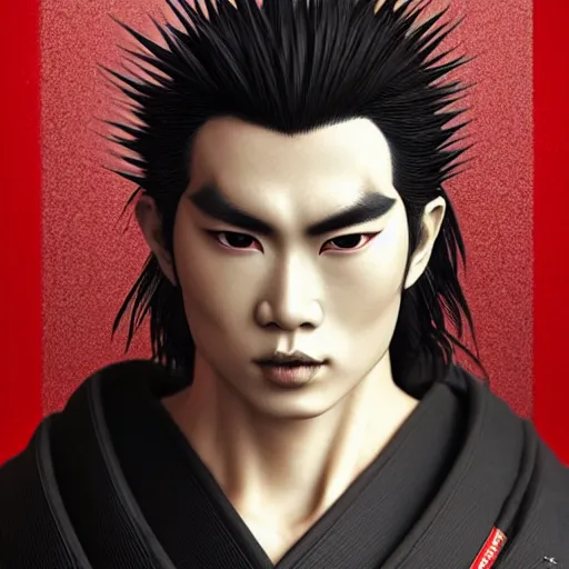 Image similar to mazoku martial artist, handsome japanese demon boy, young adult yokai with long spiky black hair, vantablack gi, muscular, red eyes, ultra realistic, intricate details, highly detailed, subsurface scattering, photorealistic, octane render, 8 k, art by artgerm, greg rutkowski, magali villeneuve, alphonse mucha