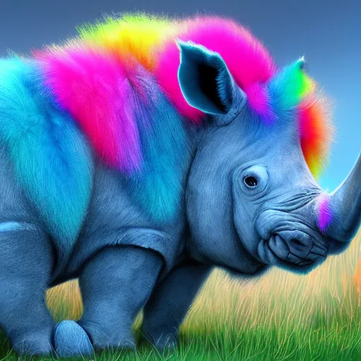 Image similar to cute fluffy rhinocerous with long flowing colorful fur character concept detailed painting 4 k