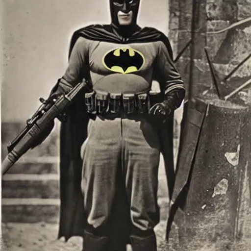 Image similar to old wartime photograph of batman holding a lewis gun, 1 9 1 7